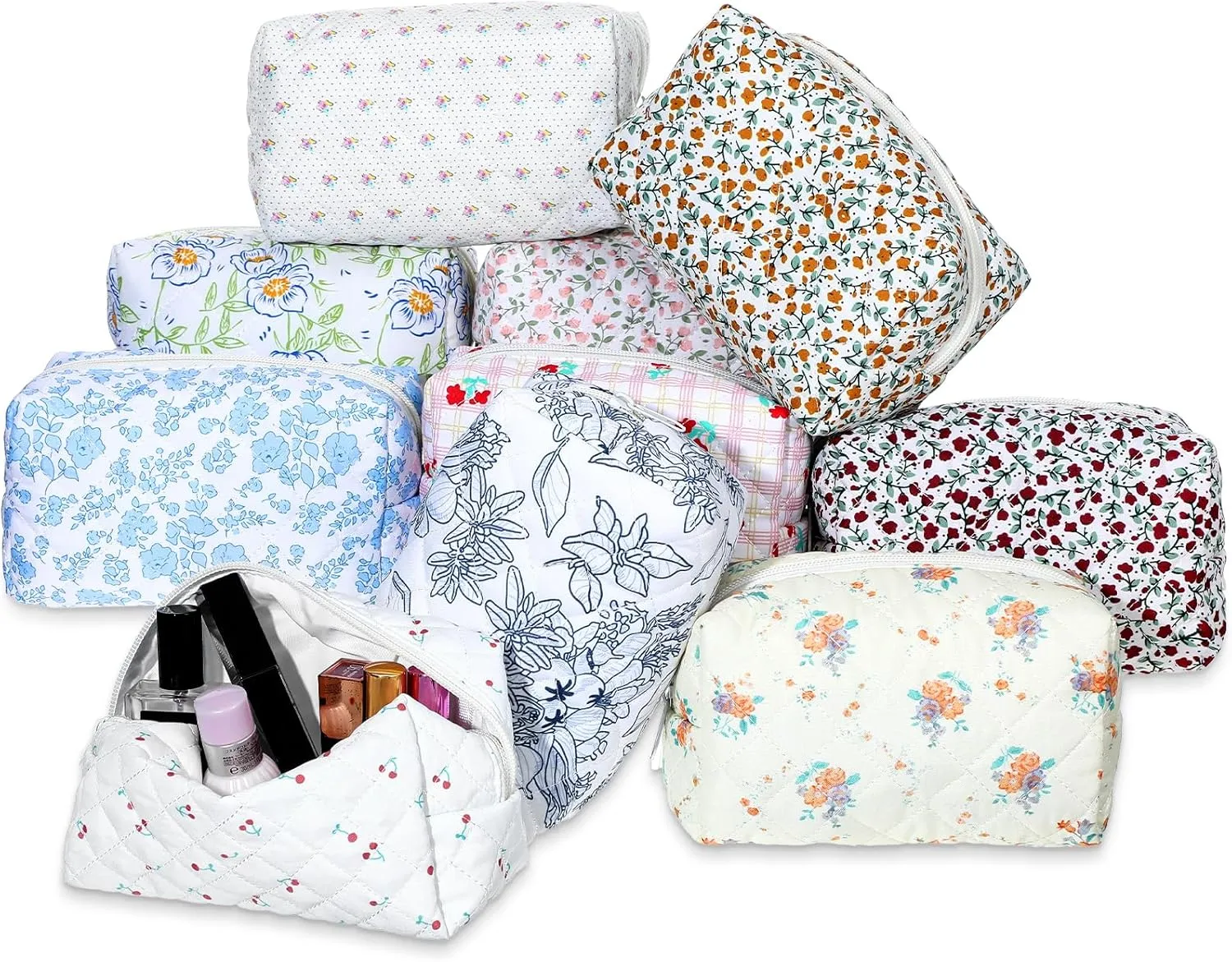 10 Pcs Cotton Floral Quilted Makeup Bags, Aesthetic Cosmetic Bags Portable Floral Makeup Pouch with Zipper Make Up Organizer for Women Travel Gifts