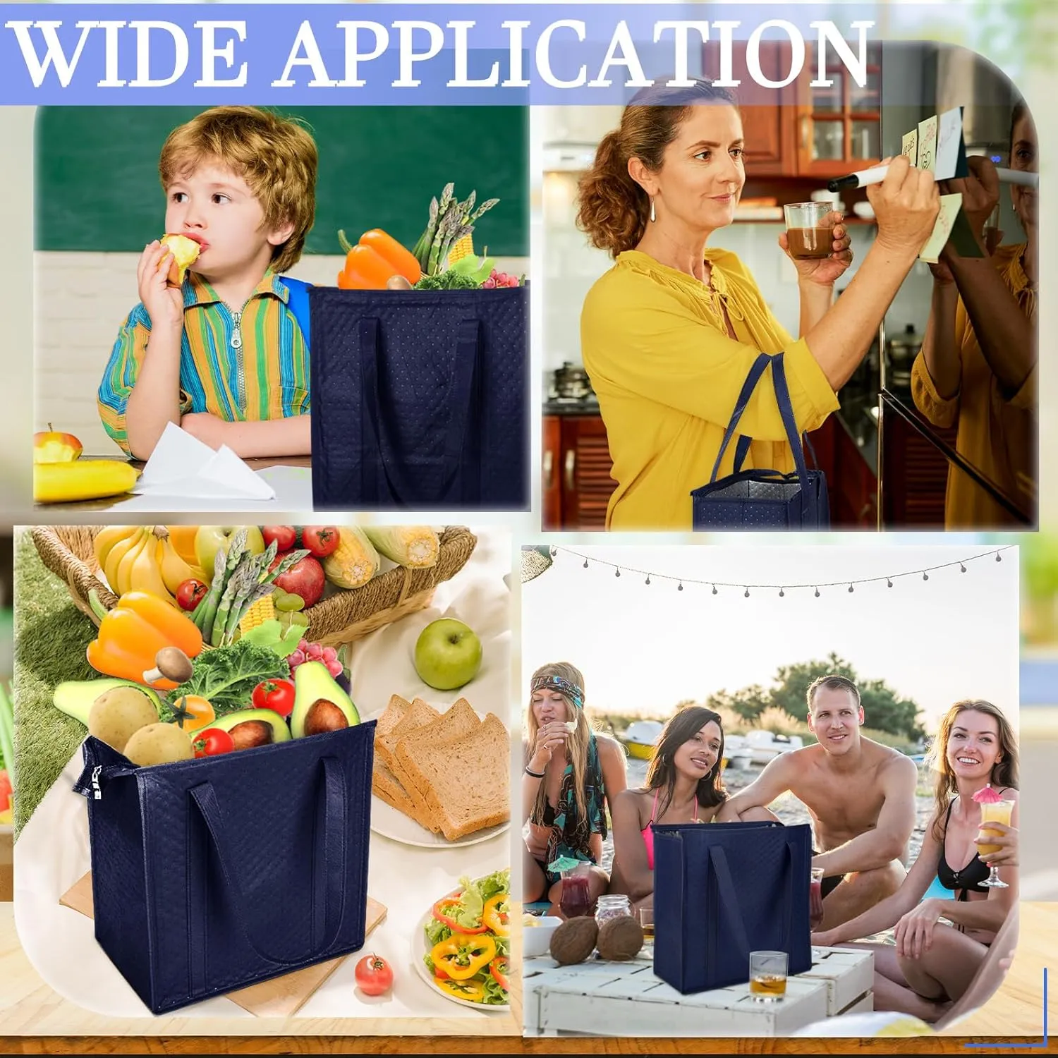 10 Pcs Insulated Shopping Bags For Groceries Large Reusable Cooler Bags Thermal Totes With Zippered Top For Hot Cold Food Delivery Refrigerator Pizza(Navy Blue)
