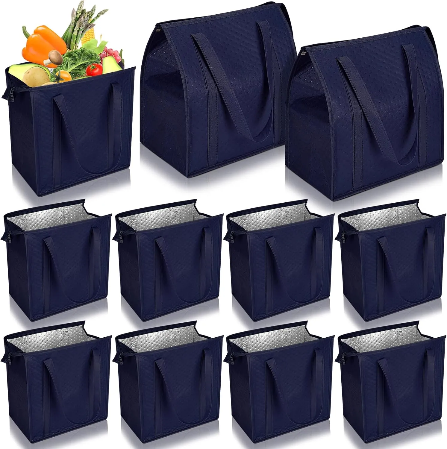 10 Pcs Insulated Shopping Bags For Groceries Large Reusable Cooler Bags Thermal Totes With Zippered Top For Hot Cold Food Delivery Refrigerator Pizza(Navy Blue)
