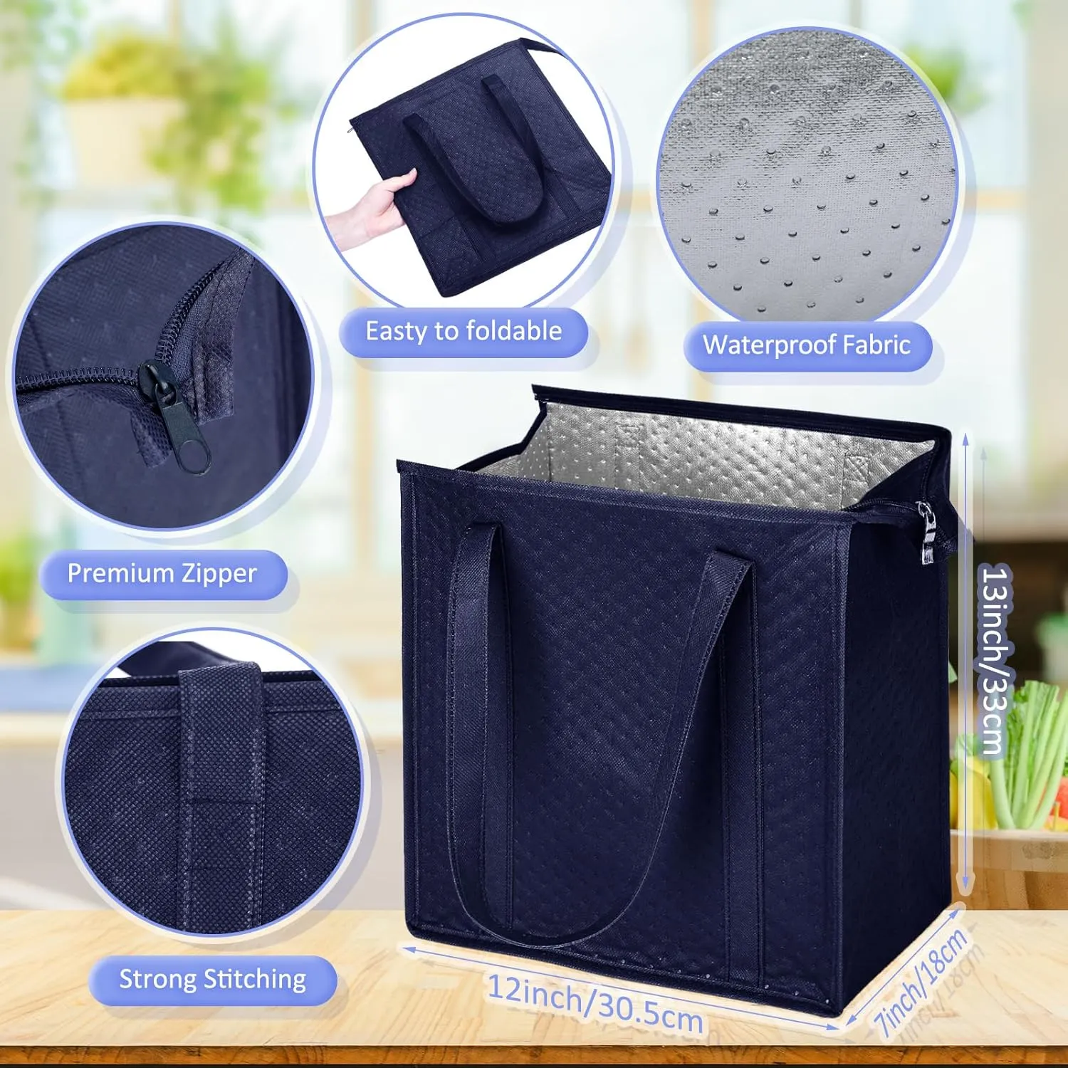 10 Pcs Insulated Shopping Bags For Groceries Large Reusable Cooler Bags Thermal Totes With Zippered Top For Hot Cold Food Delivery Refrigerator Pizza(Navy Blue)