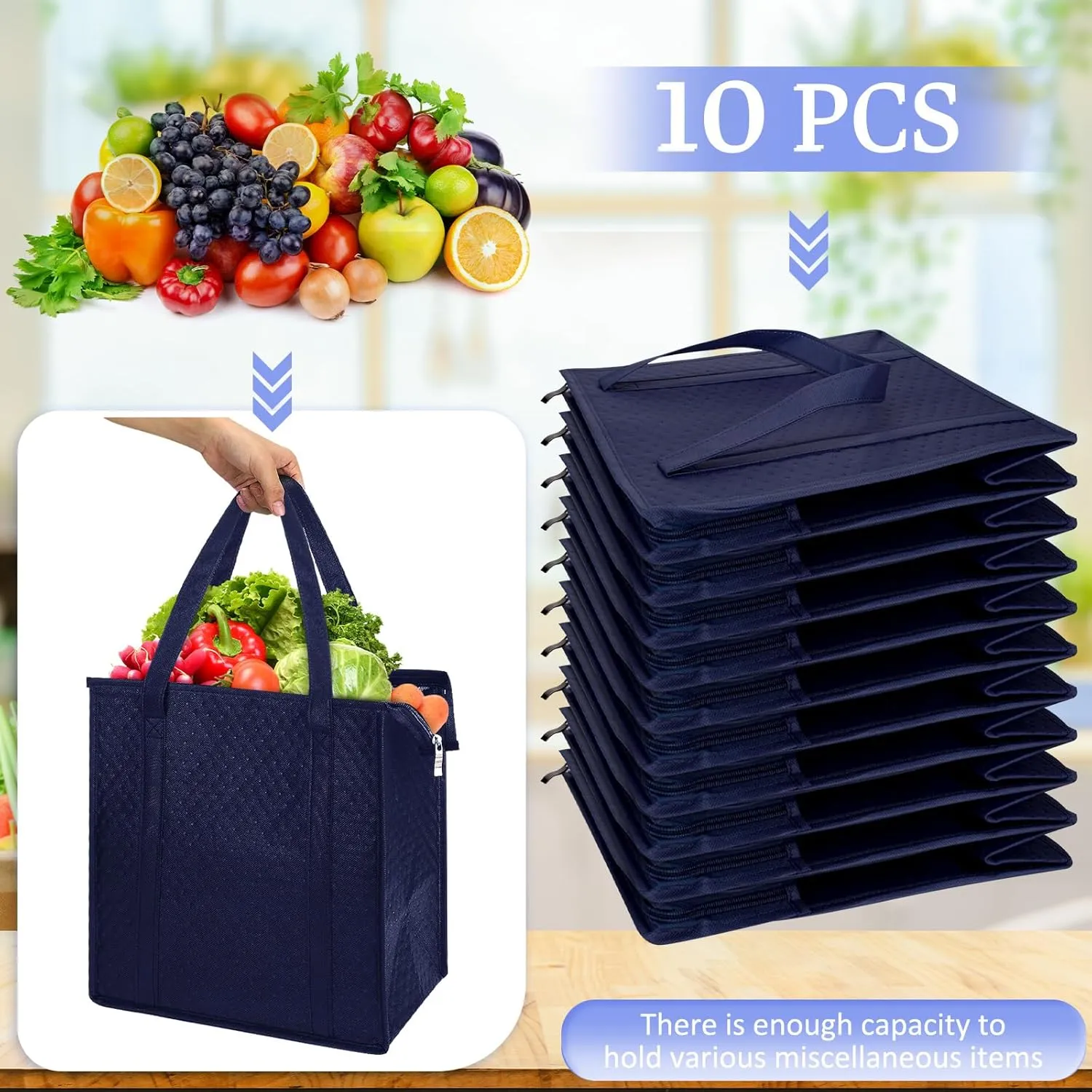 10 Pcs Insulated Shopping Bags For Groceries Large Reusable Cooler Bags Thermal Totes With Zippered Top For Hot Cold Food Delivery Refrigerator Pizza(Navy Blue)