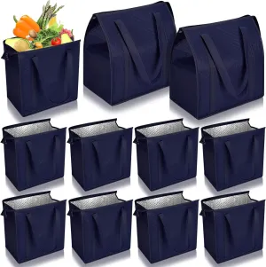 10 Pcs Insulated Shopping Bags For Groceries Large Reusable Cooler Bags Thermal Totes With Zippered Top For Hot Cold Food Delivery Refrigerator Pizza(Navy Blue)