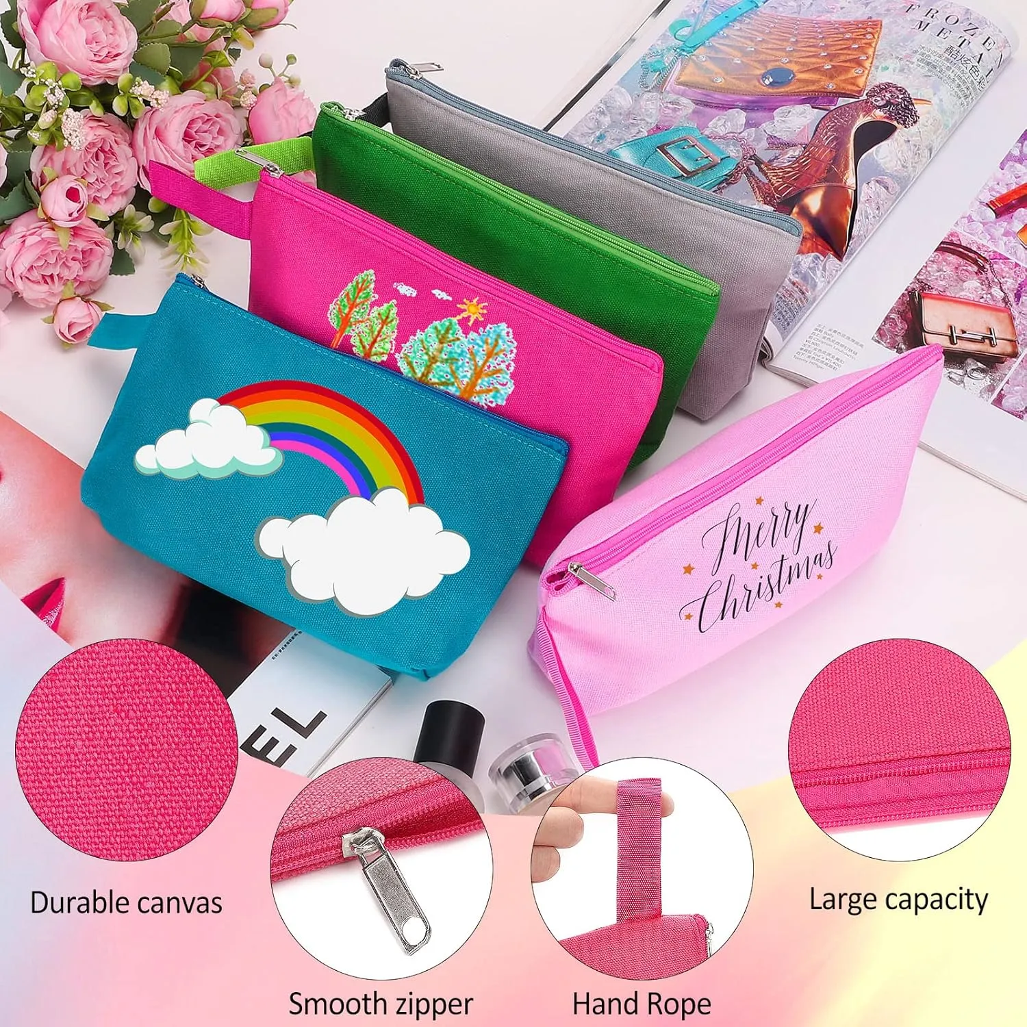 10 Pieces Cotton Canvas Makeup Bag with Bottom and Strap, Multi-Purpose Cosmetic Bag with Zipper Travel Toiletry Pouch, Blank DIY Craft Bag Pencil Bag (Multicolor 02, M) (MN-WB07)