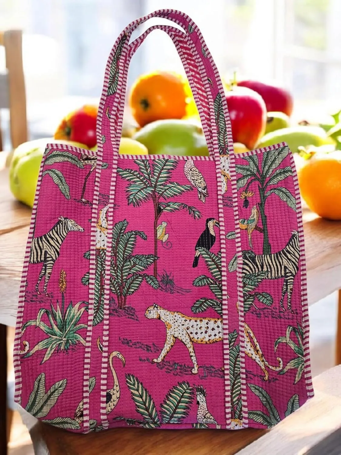 100% Cotton Quilted Tote Bag –Handmade Shoulder Bag Animal Print Lightweight for Shopping, Travel & Daily Use