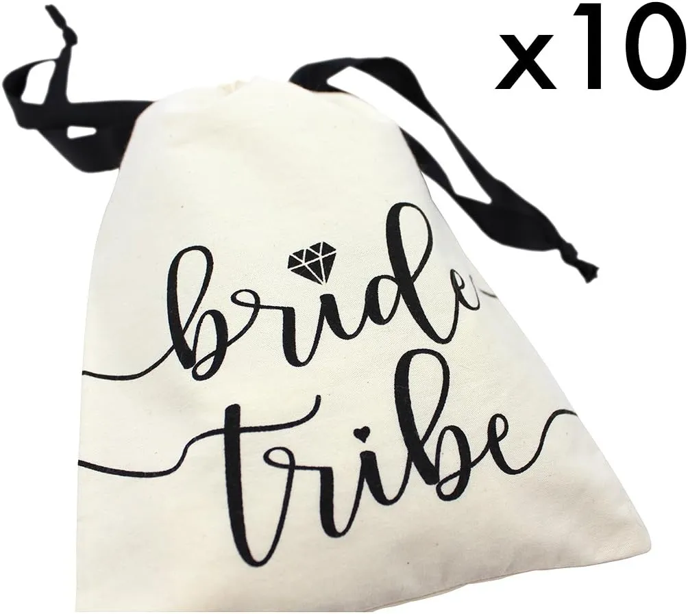 10pc Bride Tribe Drawstring Bags w/Satin Ribbon, 7x5” - Cotton Pouch for Bridesmaids, Bachelorette, Bridal Party, Bridal Shower, Wedding Favor, Survival Kit, Hangover Kit (10pc Pack, Natural & Black)
