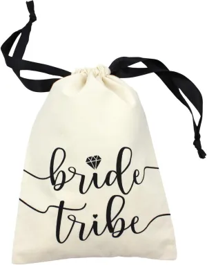 10pc Bride Tribe Drawstring Bags w/Satin Ribbon, 7x5” - Cotton Pouch for Bridesmaids, Bachelorette, Bridal Party, Bridal Shower, Wedding Favor, Survival Kit, Hangover Kit (10pc Pack, Natural & Black)