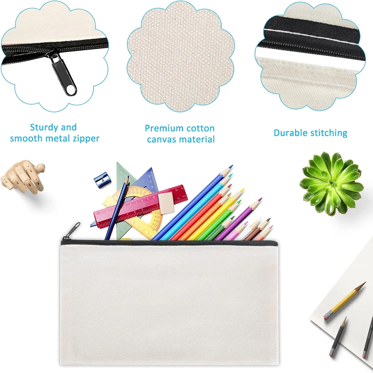 12 Pieces White Cotton Canvas Makeup Bag, Multipurpose Cosmetic Bag with Zipper Travel Toiletry Pouch, Blank DIY Craft Bag (White, S)