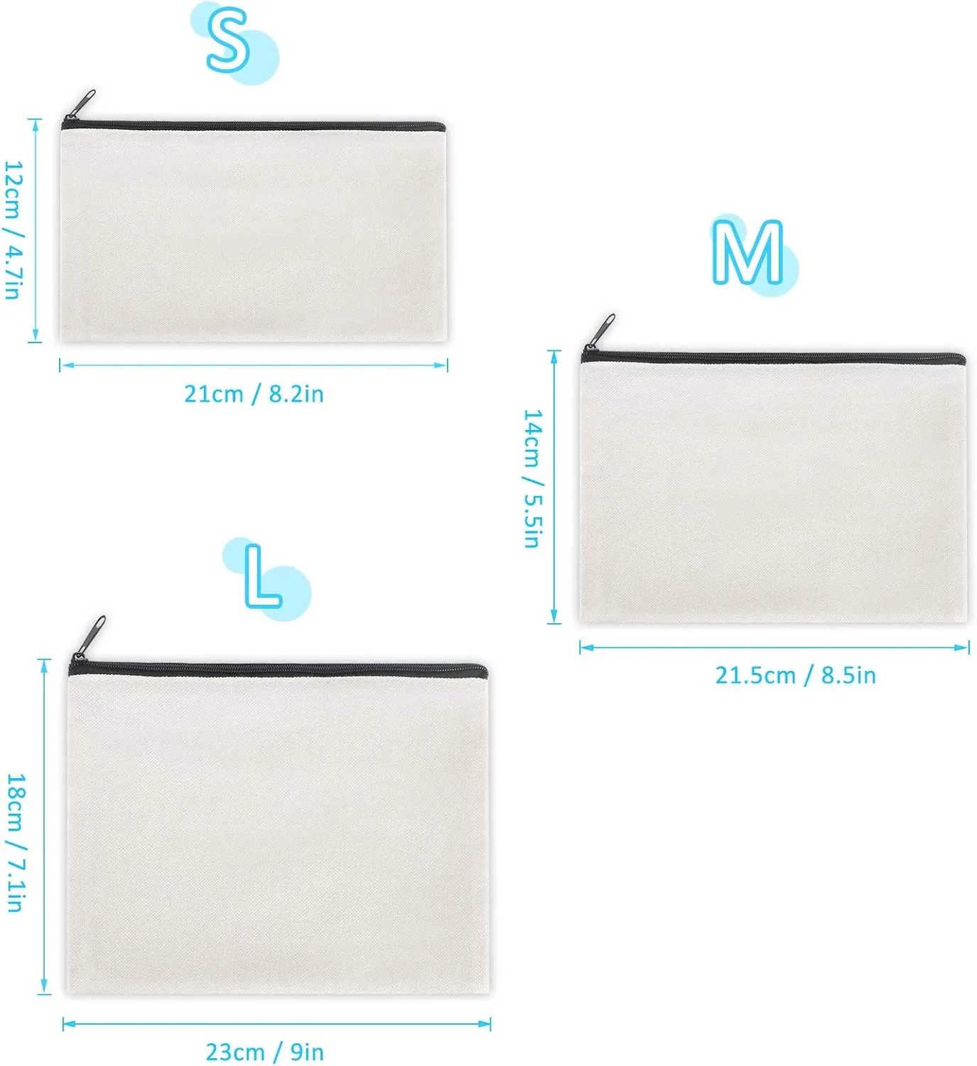 12 Pieces White Cotton Canvas Makeup Bag, Multipurpose Cosmetic Bag with Zipper Travel Toiletry Pouch, Blank DIY Craft Bag (White, S)
