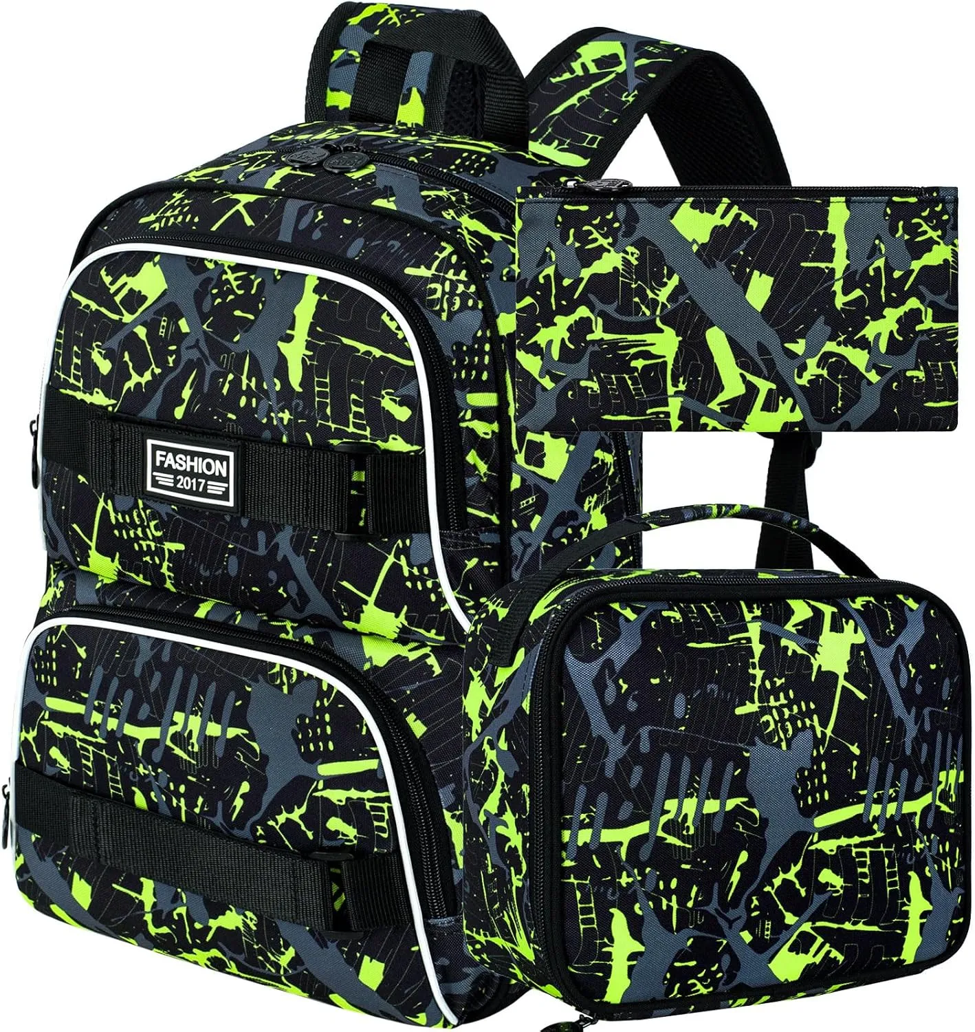 17 Inches Backpack for Boys Men, 3Pcs College Laptop Backpacks Set for Teens Students, Water Resistant Graffiti School Bookbag with Lunch Bag(Green)