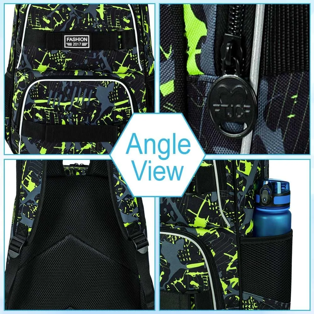 17 Inches Backpack for Boys Men, 3Pcs College Laptop Backpacks Set for Teens Students, Water Resistant Graffiti School Bookbag with Lunch Bag(Green)