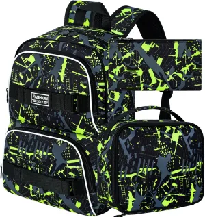 17 Inches Backpack for Boys Men, 3Pcs College Laptop Backpacks Set for Teens Students, Water Resistant Graffiti School Bookbag with Lunch Bag(Green)