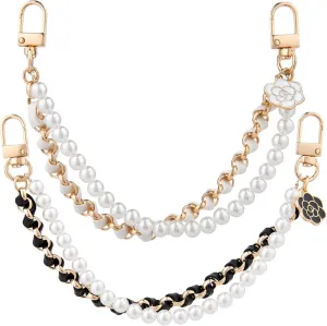 2 PCS Pearl Purse Chain Extender, Flower Gold Metal Shoulder Crossbody Bag Short Handle Purse Extender Replacement Black White Purse Strap Charms Accessories for Women