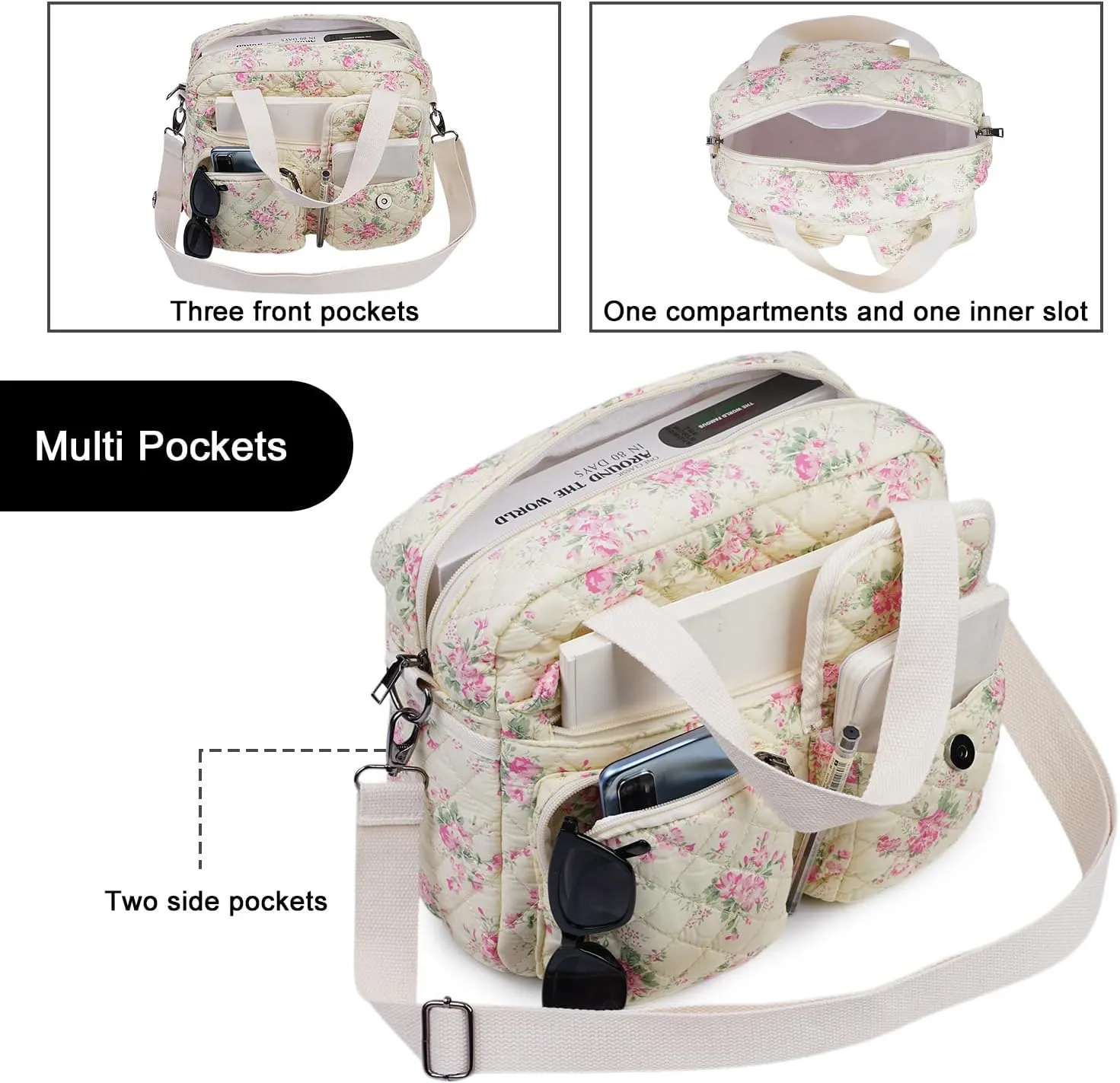 2 PCS/Set Small Cute Floral Quilted Tote Bag with Multi-Pockets for Women, Crossbody Shoulder Everyday Handbags
