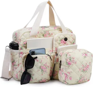2 PCS/Set Small Cute Floral Quilted Tote Bag with Multi-Pockets for Women, Crossbody Shoulder Everyday Handbags