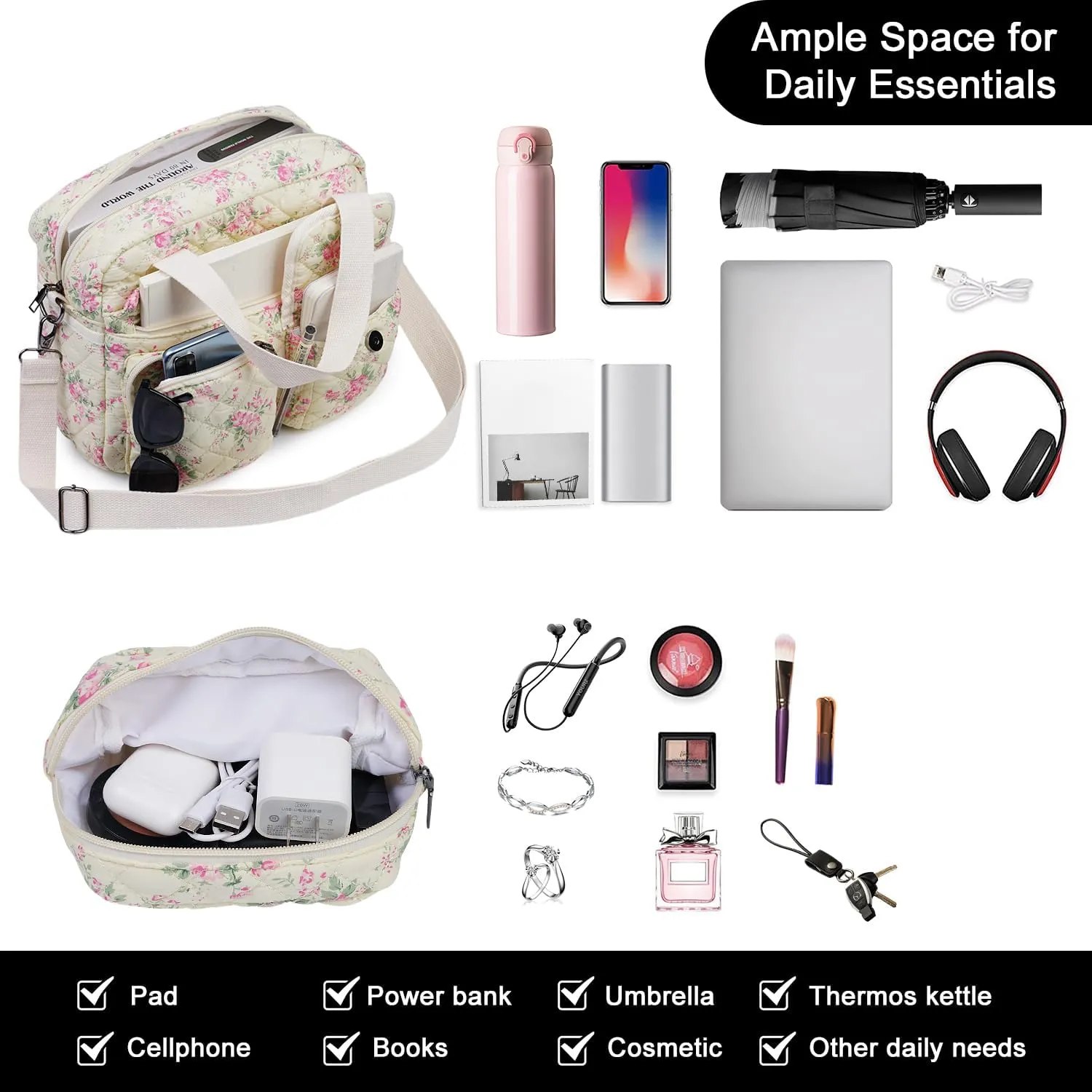 2 PCS/Set Small Cute Floral Quilted Tote Bag with Multi-Pockets for Women, Crossbody Shoulder Everyday Handbags