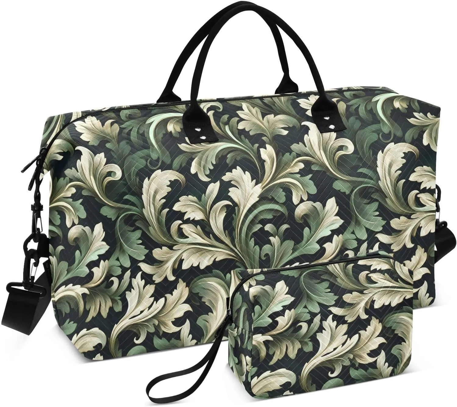 2-Piece Travel Organizer Set - Wave Quilted Expandable Duffel Bag with Detachable Toiletry Pouch, TSA-Compliant Carry-On for Gym/Camping/Airplane, Acanthus Leaf (4)