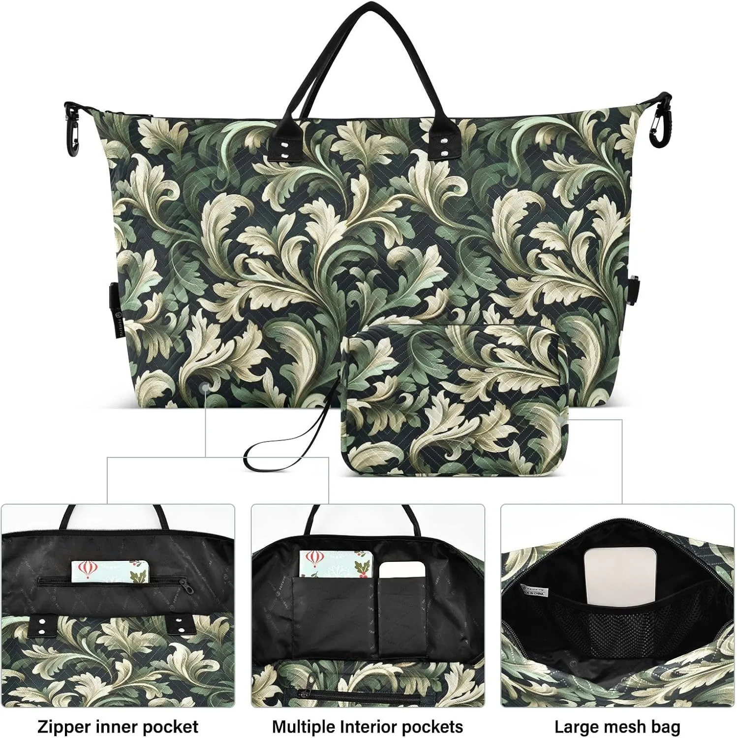 2-Piece Travel Organizer Set - Wave Quilted Expandable Duffel Bag with Detachable Toiletry Pouch, TSA-Compliant Carry-On for Gym/Camping/Airplane, Acanthus Leaf (4)