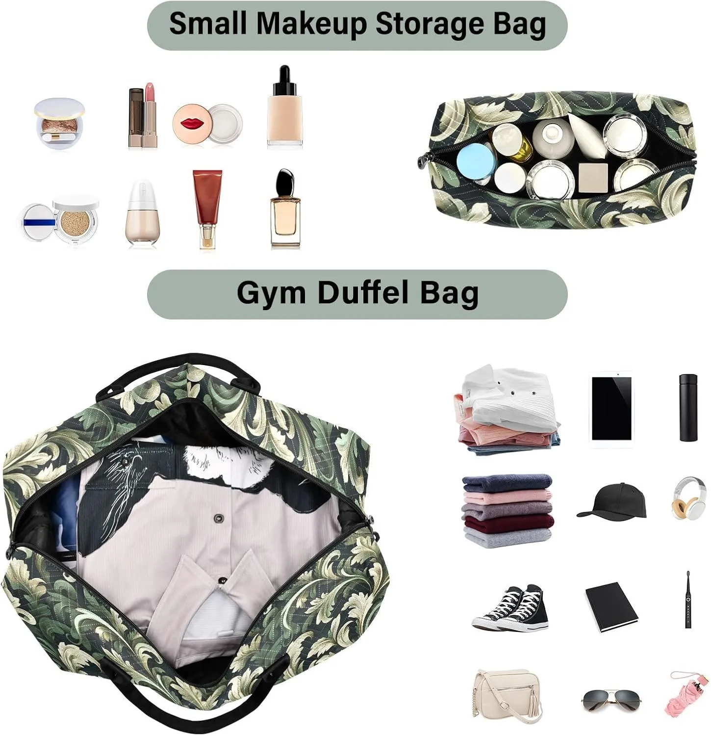 2-Piece Travel Organizer Set - Wave Quilted Expandable Duffel Bag with Detachable Toiletry Pouch, TSA-Compliant Carry-On for Gym/Camping/Airplane, Acanthus Leaf (4)