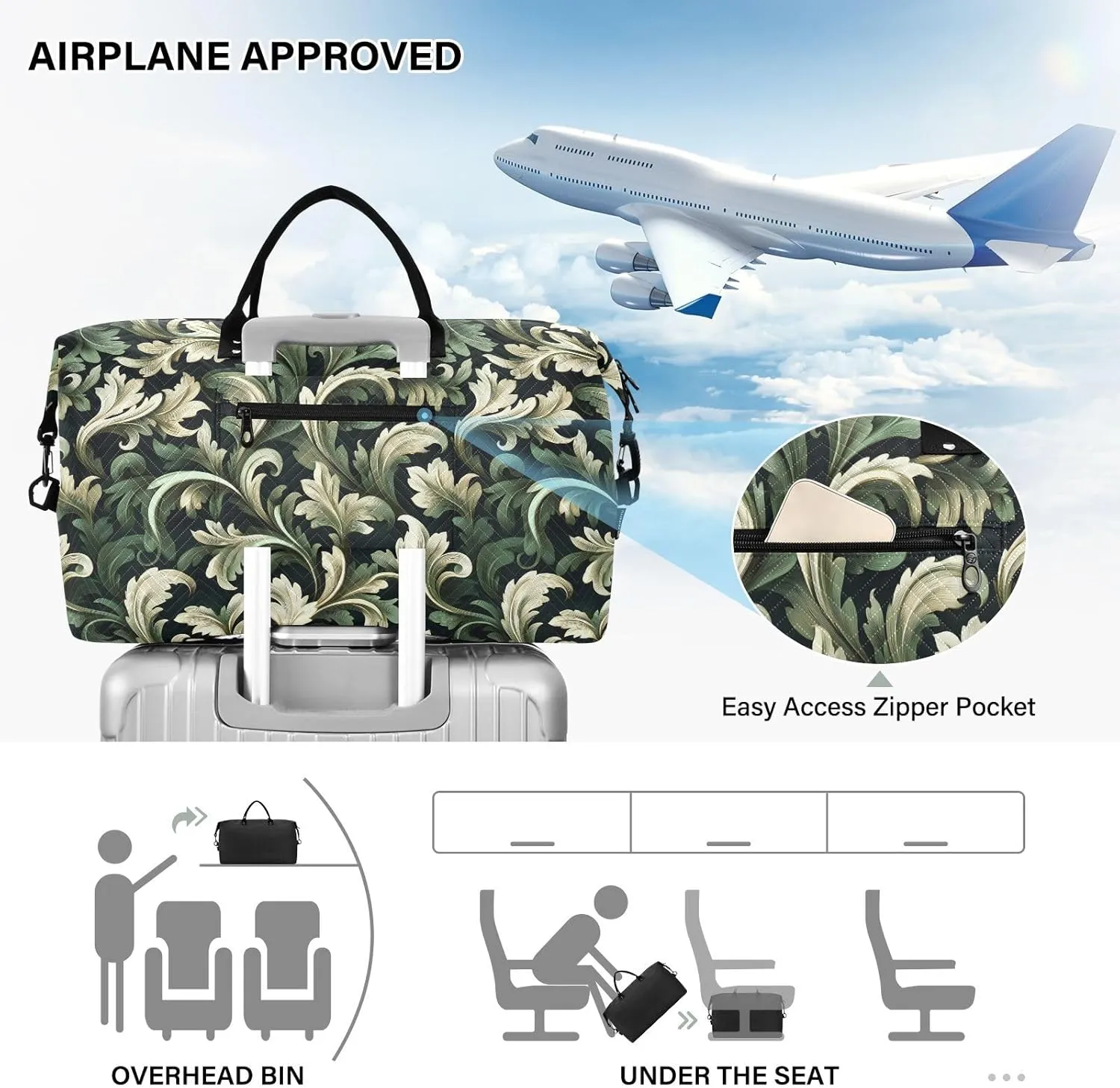 2-Piece Travel Organizer Set - Wave Quilted Expandable Duffel Bag with Detachable Toiletry Pouch, TSA-Compliant Carry-On for Gym/Camping/Airplane, Acanthus Leaf (4)