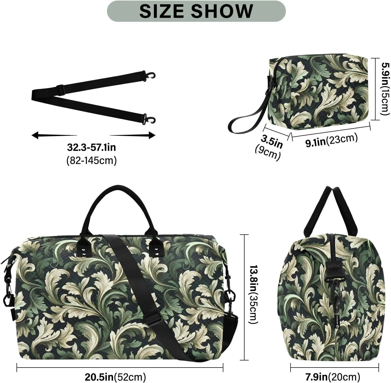 2-Piece Travel Organizer Set - Wave Quilted Expandable Duffel Bag with Detachable Toiletry Pouch, TSA-Compliant Carry-On for Gym/Camping/Airplane, Acanthus Leaf (4)