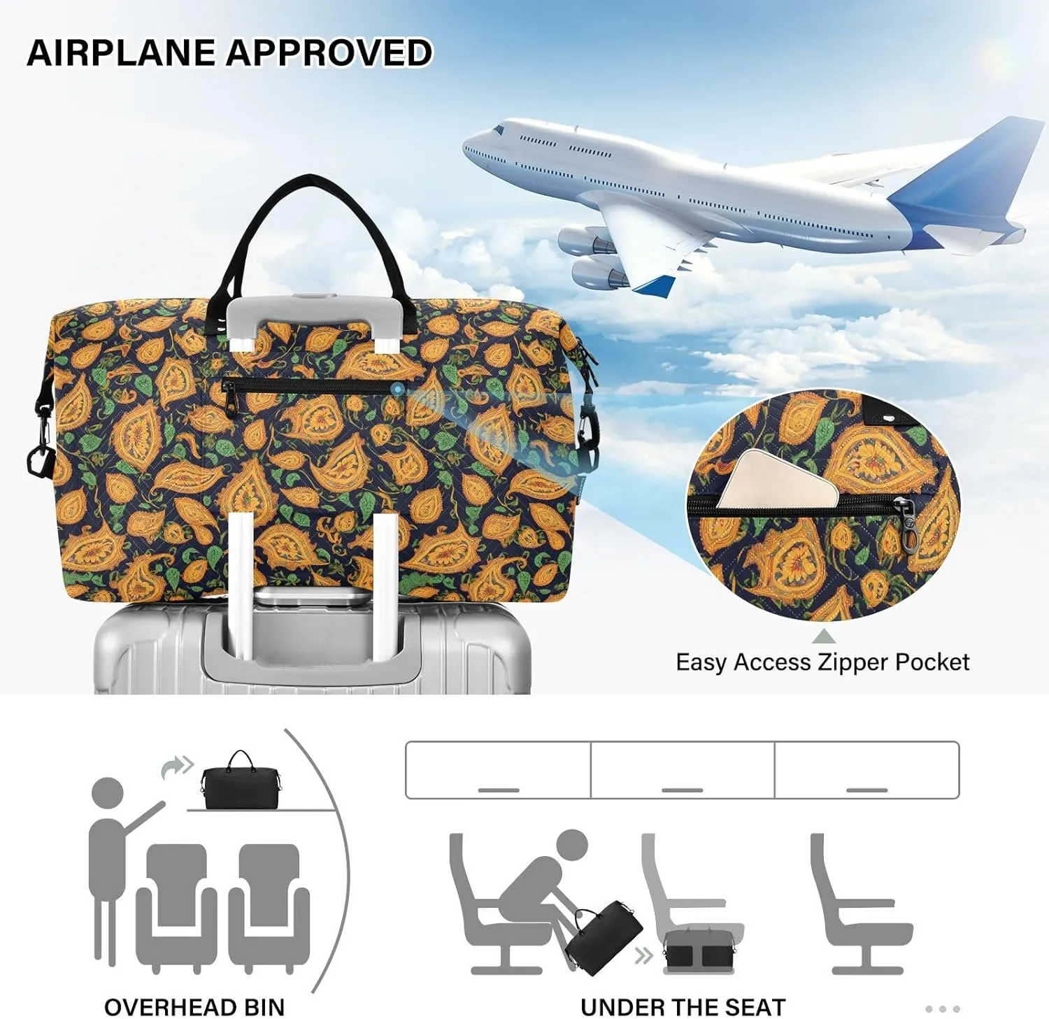 2-Piece Travel Organizer Set - Wave Quilted Expandable Duffel Bag with Detachable Toiletry Pouch, TSA-Compliant Carry-On for Gym/Camping/Airplane, Paisley Pattern (9)
