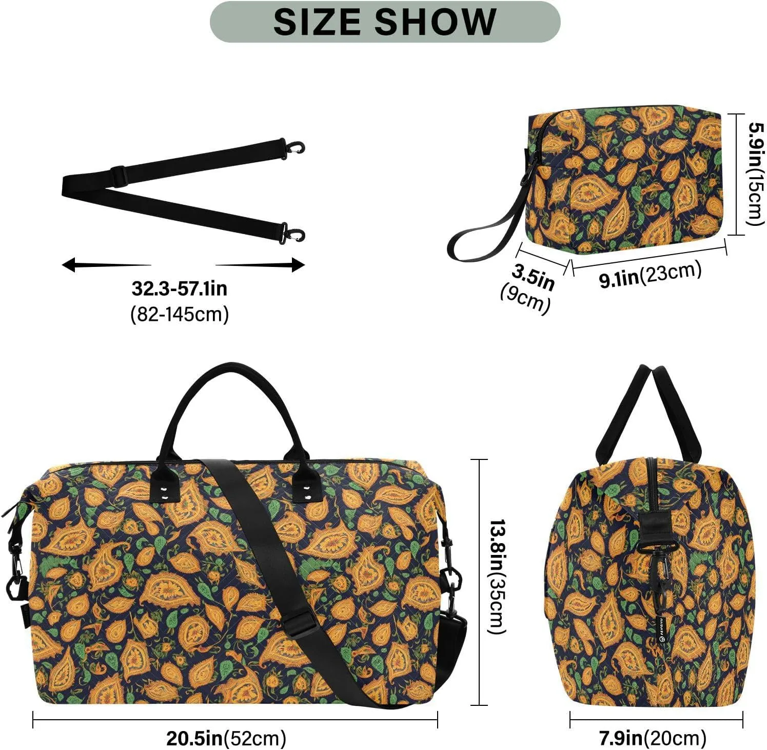 2-Piece Travel Organizer Set - Wave Quilted Expandable Duffel Bag with Detachable Toiletry Pouch, TSA-Compliant Carry-On for Gym/Camping/Airplane, Paisley Pattern (9)