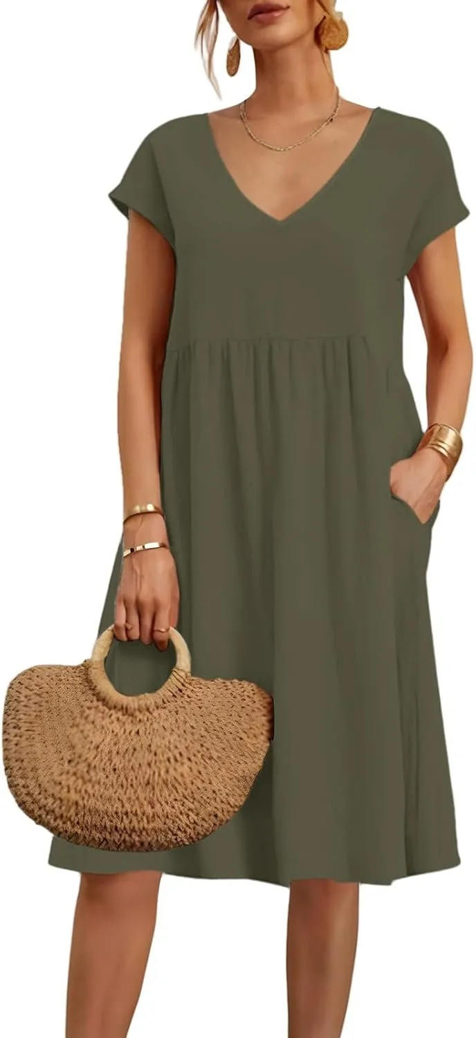 2025 Summer Dresses for Women V Neck Comfortable Cotton Short Sleeves Casual Shift Dresses for