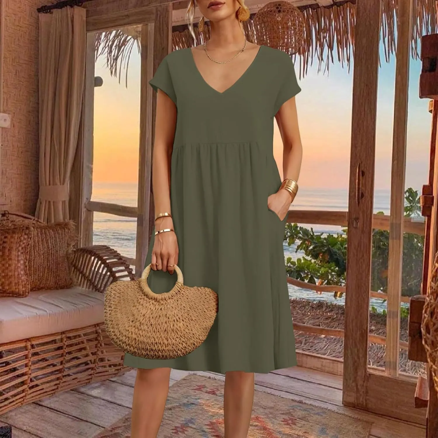 2025 Summer Dresses for Women V Neck Comfortable Cotton Short Sleeves Casual Shift Dresses for
