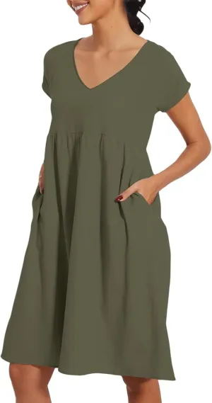 2025 Summer Dresses for Women V Neck Comfortable Cotton Short Sleeves Casual Shift Dresses for