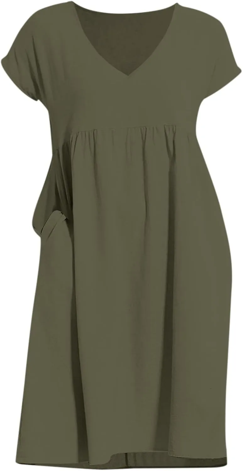 2025 Summer Dresses for Women V Neck Comfortable Cotton Short Sleeves Casual Shift Dresses for