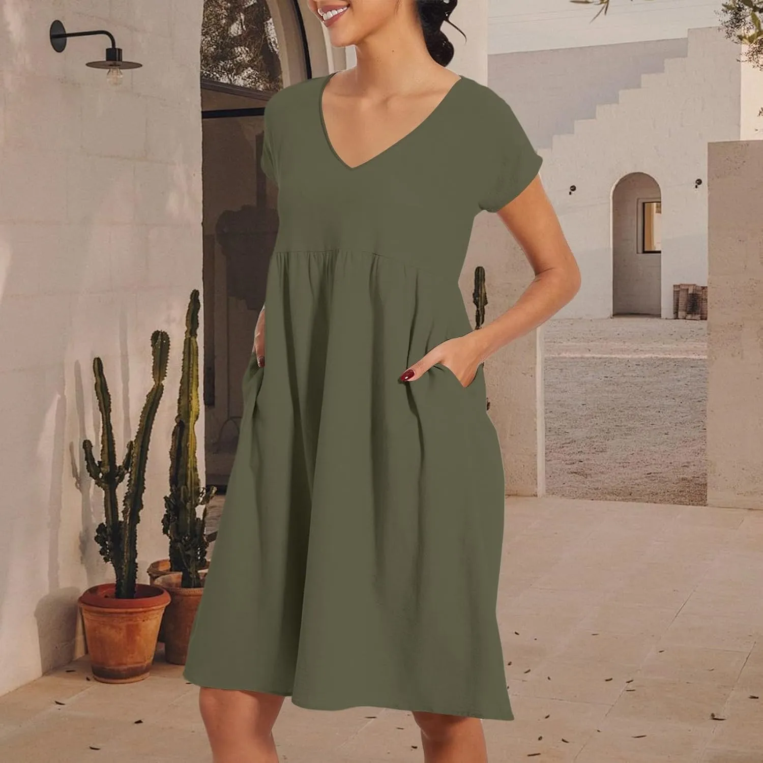 2025 Summer Dresses for Women V Neck Comfortable Cotton Short Sleeves Casual Shift Dresses for