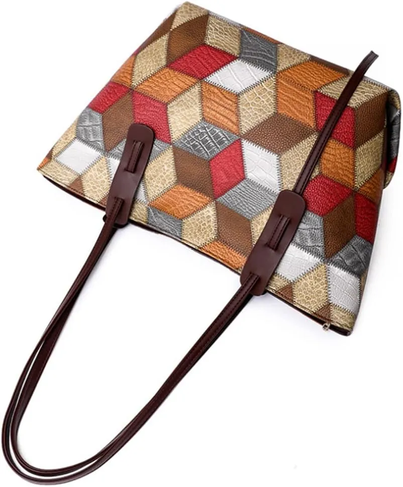 2pcs Tote Purse and Handbag Set for Women PU Splicing Color Block Shoulder Bags Clutch Wallet