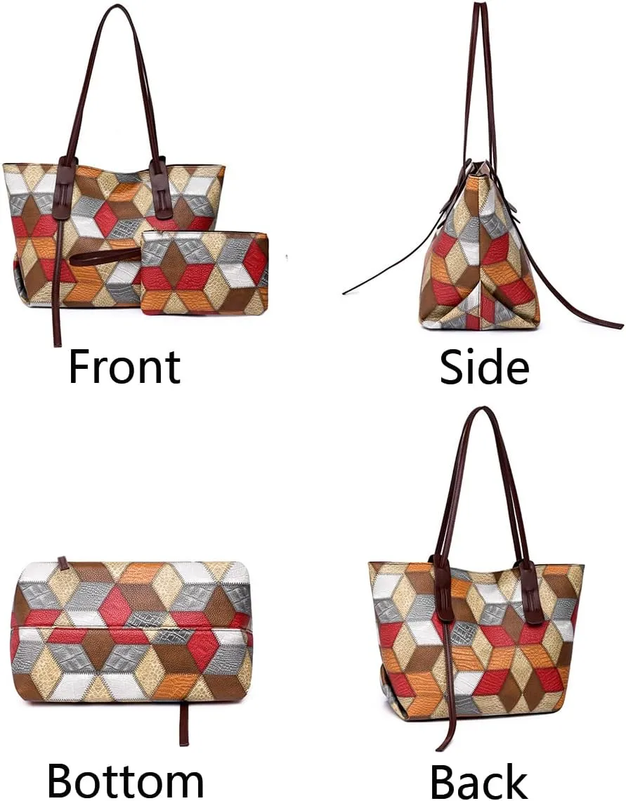 2pcs Tote Purse and Handbag Set for Women PU Splicing Color Block Shoulder Bags Clutch Wallet