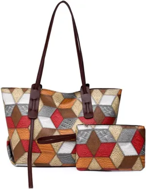 2pcs Tote Purse and Handbag Set for Women PU Splicing Color Block Shoulder Bags Clutch Wallet