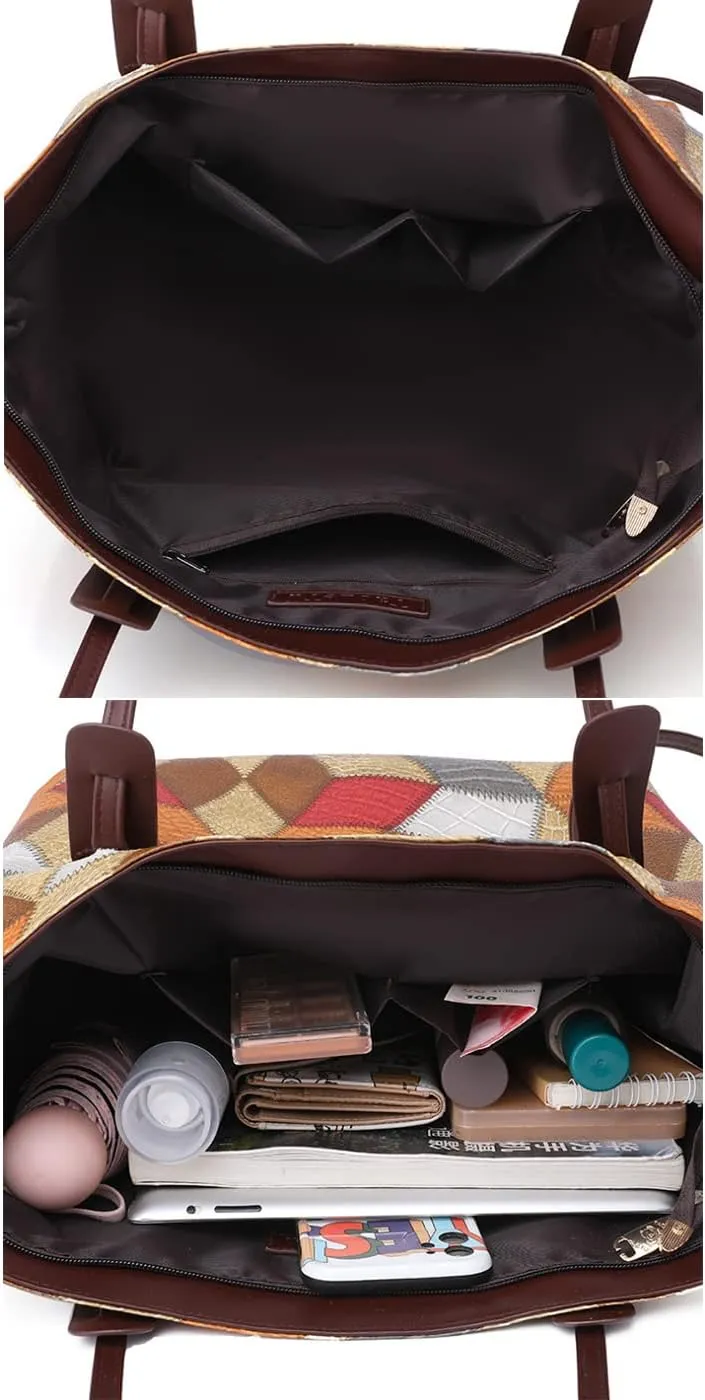 2pcs Tote Purse and Handbag Set for Women PU Splicing Color Block Shoulder Bags Clutch Wallet