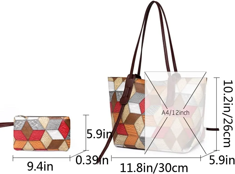 2pcs Tote Purse and Handbag Set for Women PU Splicing Color Block Shoulder Bags Clutch Wallet