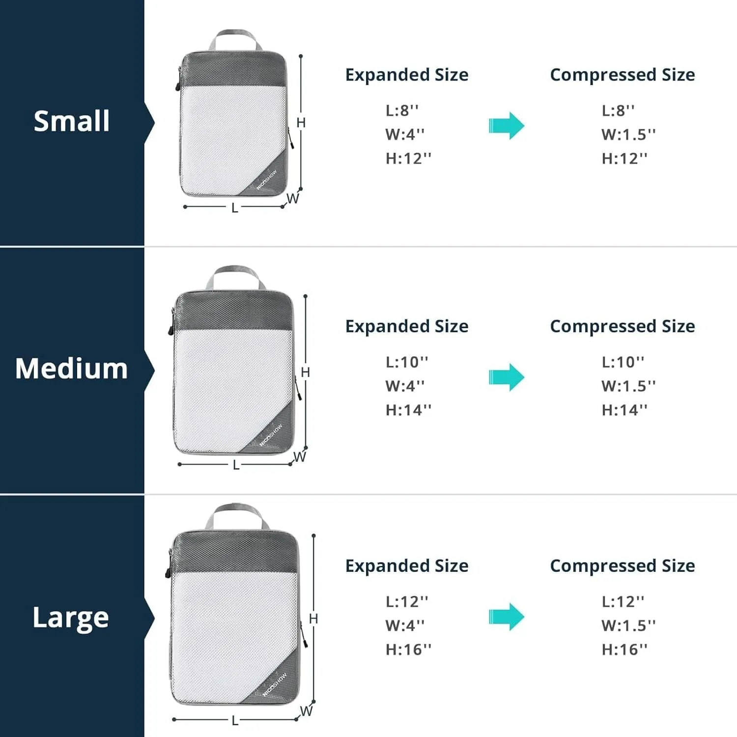 3 Set Compression Packing Cubes for Travel - Compressible, Lightweight, and Space-Saving Packing Cubes, Travel Essentials for Women, Grey