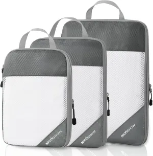 3 Set Compression Packing Cubes for Travel - Compressible, Lightweight, and Space-Saving Packing Cubes, Travel Essentials for Women, Grey