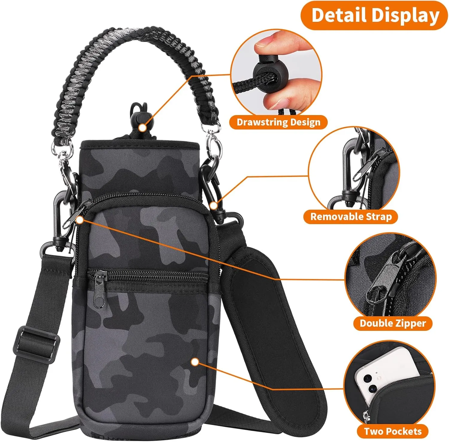 32/40/64/128 oz Neoprene Insulated Water Bottle Carrier Bag, Sling Bag Sleeve Pouch Holder with Strap & Paracord Handle and 2 Pocket for Travelling, Hiking, Camping
