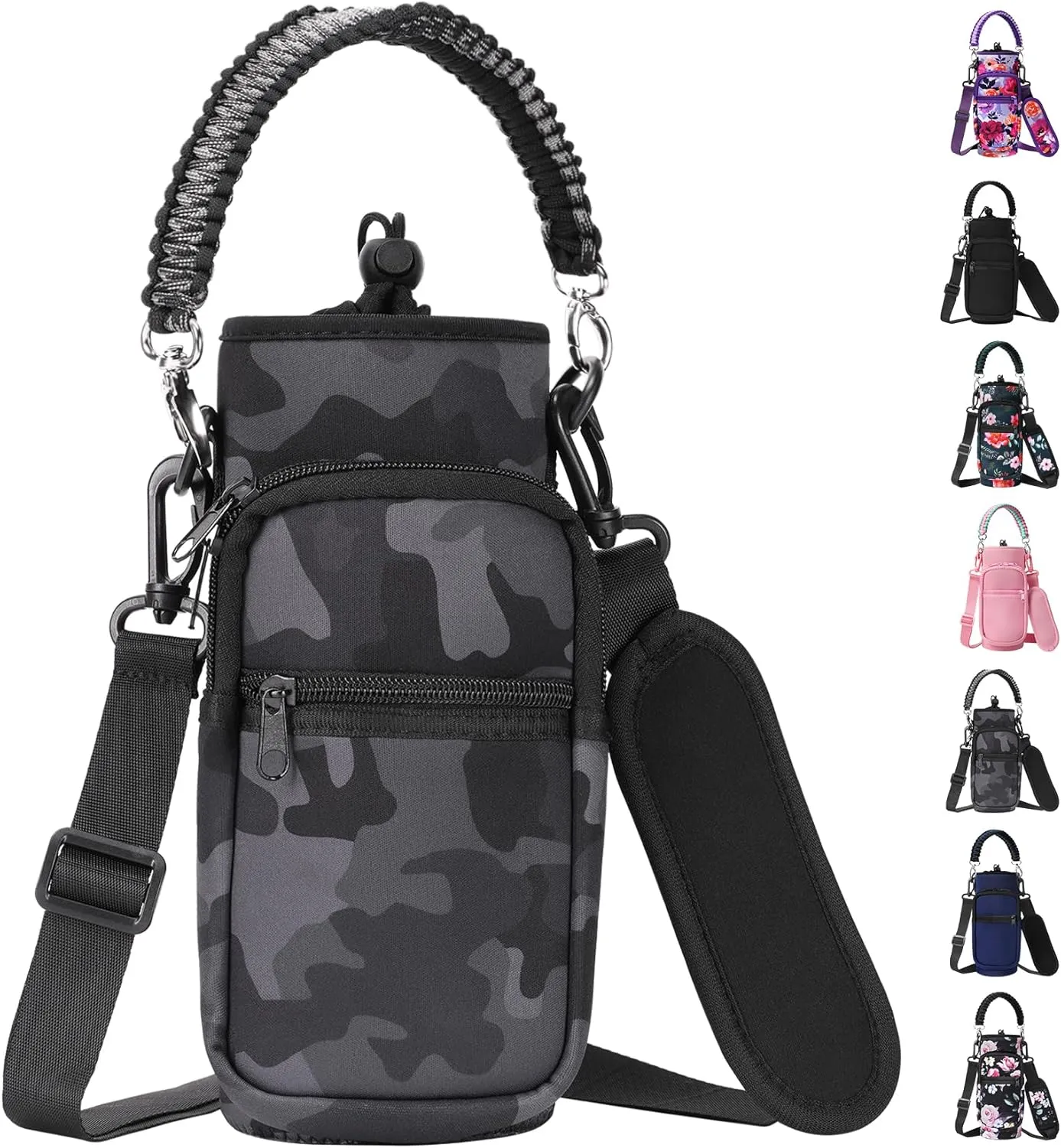 32/40/64/128 oz Neoprene Insulated Water Bottle Carrier Bag, Sling Bag Sleeve Pouch Holder with Strap & Paracord Handle and 2 Pocket for Travelling, Hiking, Camping