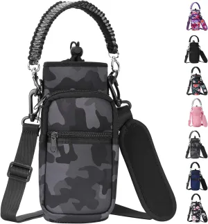 32/40/64/128 oz Neoprene Insulated Water Bottle Carrier Bag, Sling Bag Sleeve Pouch Holder with Strap & Paracord Handle and 2 Pocket for Travelling, Hiking, Camping