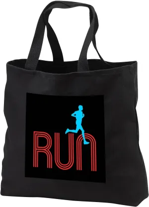 3dRose Alexis Design - Sport Athletics - Man sportsman or a jogger runs over a word RUN. Red, blue on black - Tote Bags