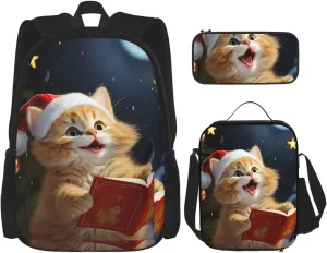 3PCS Backpack Sets with Cute Cat Sing Christmas Carols Laptop Backpack Lunch Bag Pencil Case for Women Men Travel Bag