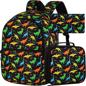 3Pcs Dinosair Backpack for Boys, 16.5" Kids Bookbag with Lunch Box，Lightweight Backpacks Set for Kindergarten/Preschool/Elementary School (Black)