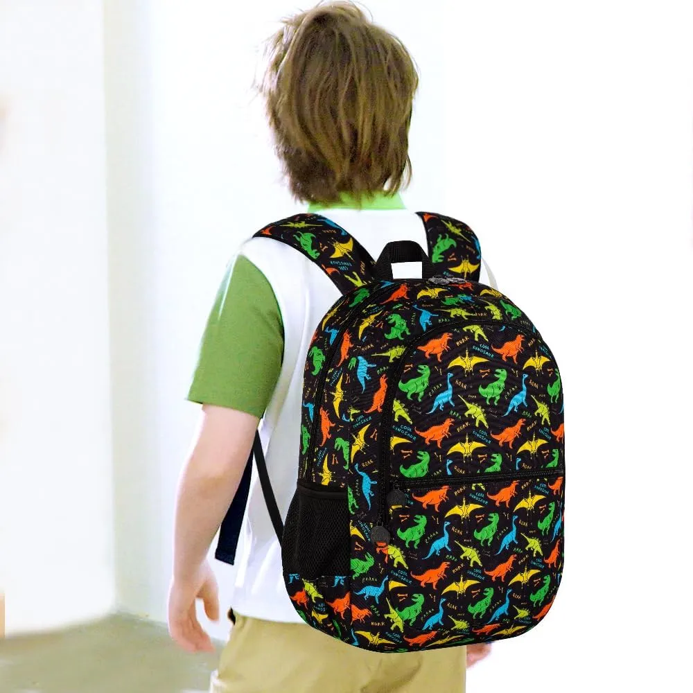 3Pcs Dinosair Backpack for Boys, 16.5" Kids Bookbag with Lunch Box，Lightweight Backpacks Set for Kindergarten/Preschool/Elementary School (Black)