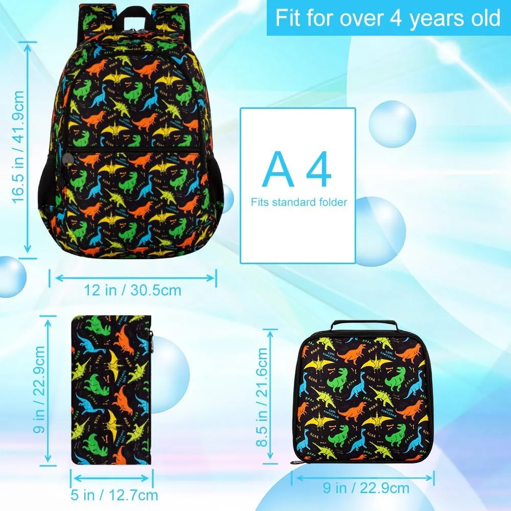 3Pcs Dinosair Backpack for Boys, 16.5" Kids Bookbag with Lunch Box，Lightweight Backpacks Set for Kindergarten/Preschool/Elementary School (Black)