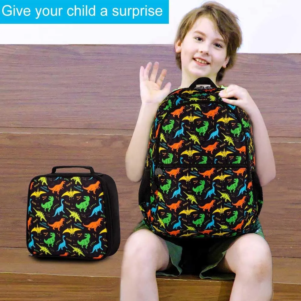 3Pcs Dinosair Backpack for Boys, 16.5" Kids Bookbag with Lunch Box，Lightweight Backpacks Set for Kindergarten/Preschool/Elementary School (Black)