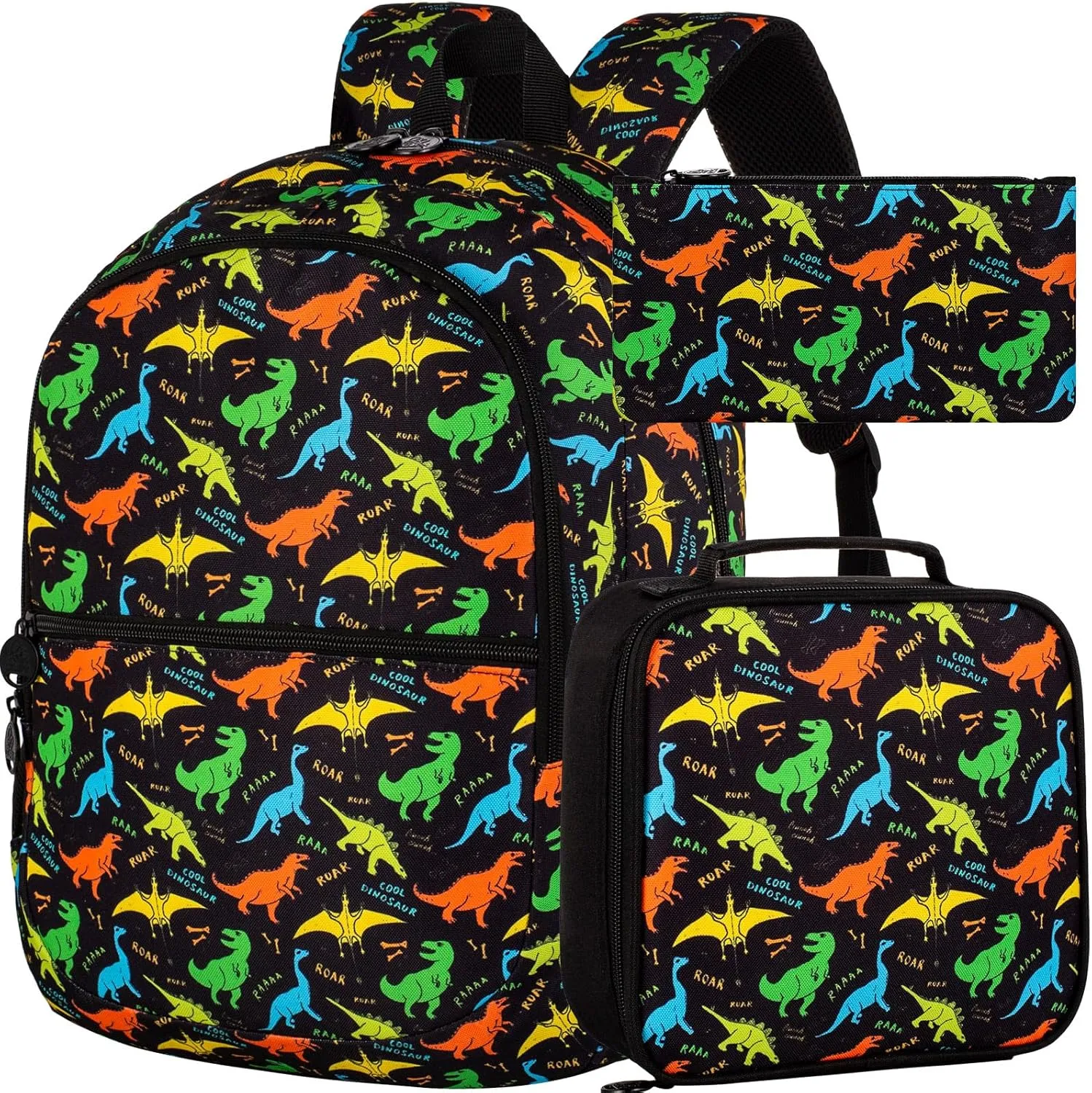 3Pcs Dinosair Backpack for Boys, 16.5" Kids Bookbag with Lunch Box，Lightweight Backpacks Set for Kindergarten/Preschool/Elementary School (Black)