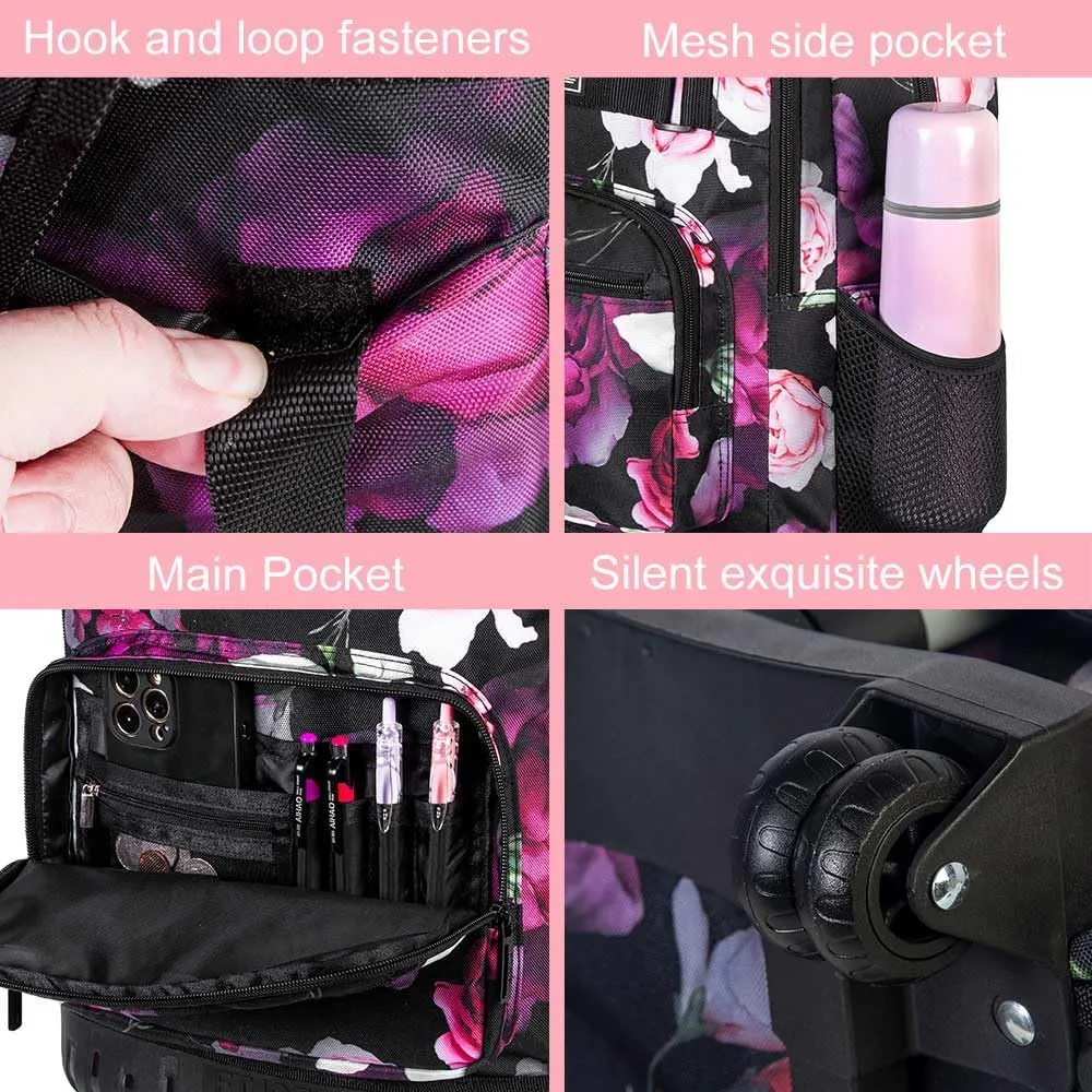 3Pcs Rolling Backpack for Girls, 19 Inche Rose Roller Bag with Wheels, Adults Wheeled Bookbag Set for Women(Black)