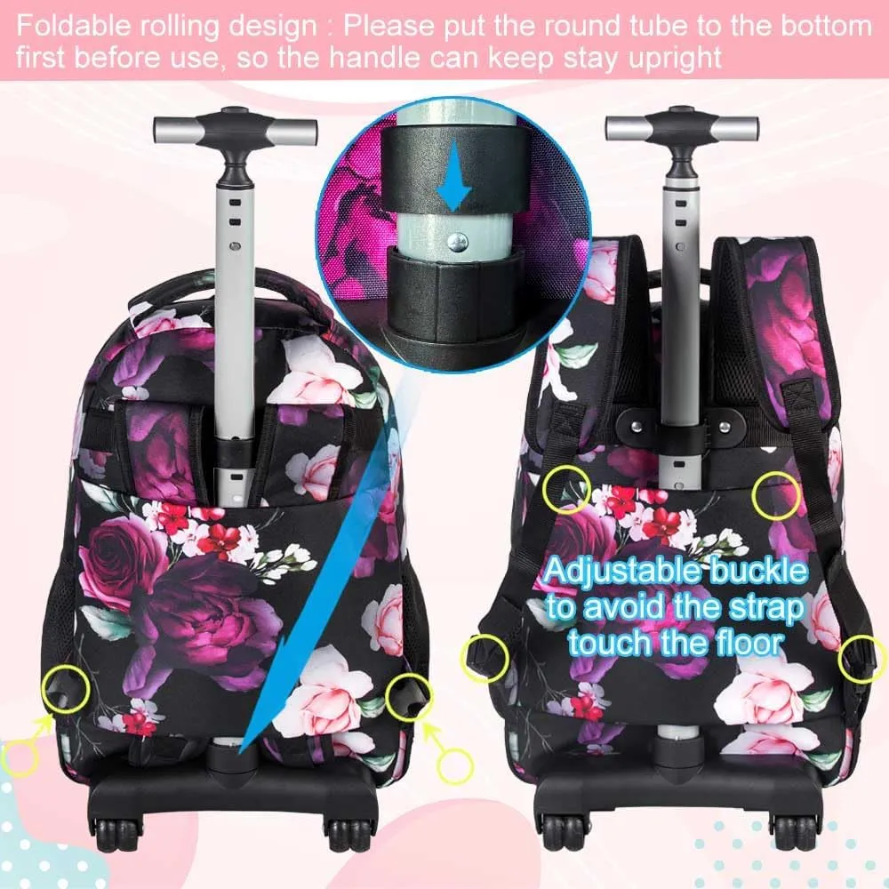 3Pcs Rolling Backpack for Girls, 19 Inche Rose Roller Bag with Wheels, Adults Wheeled Bookbag Set for Women(Black)